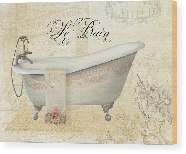 Clawfoot Tub Wood Print featuring the painting Parchment Paris - Le Bain Vintage Bathroom by Audrey Jeanne Roberts