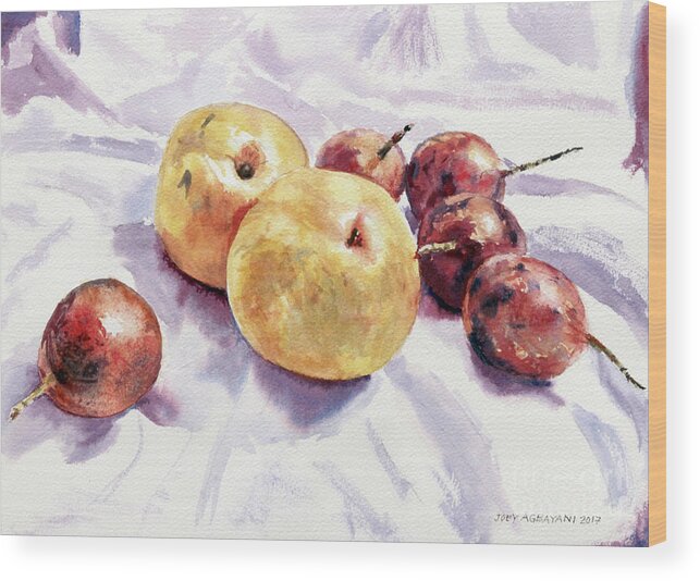 Korean Pear Wood Print featuring the painting Passion Fruits and Pears by Joey Agbayani
