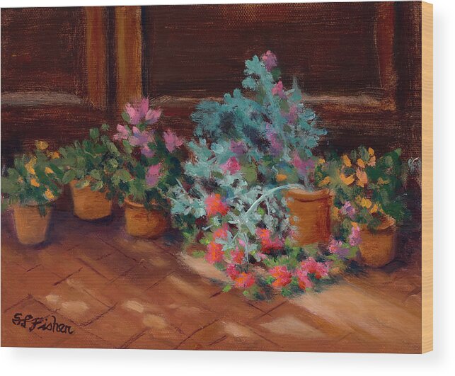 Terra Cotta Pots Wood Print featuring the painting Patio Pots by Sandy Fisher