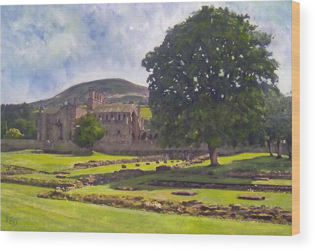 Landscape Wood Print featuring the painting Peaceful Retreat - Melrose Abbey by Richard James Digance