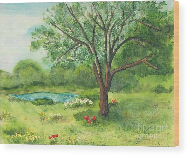 Landscape Wood Print featuring the painting Pedro's Tree by Vicki Housel
