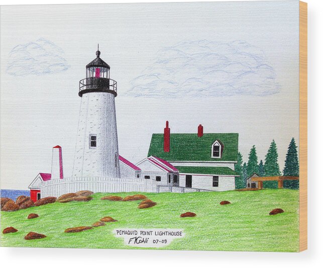 Lighthouse Drawings Wood Print featuring the drawing Pemaquid Point Lighthouse by Frederic Kohli