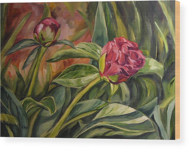 Garden Wood Print featuring the painting Peony Buds by Cheryl Pass