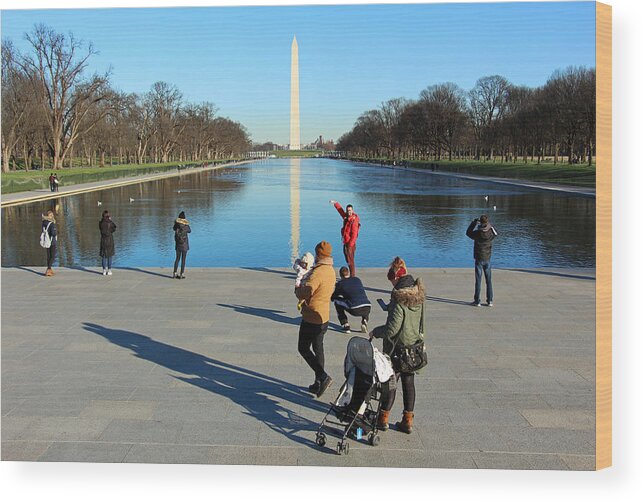 Reflecting Wood Print featuring the photograph People At The Reflecting Pool by Cora Wandel