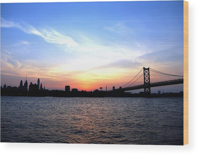 Philadelphia Wood Print featuring the photograph Philadelphia Skyline and Sunset Blue Sky View with Ben Franklin Bridge by Matt Quest