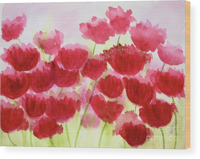  Wood Print featuring the painting Pink Happy Flowers by Barrie Stark
