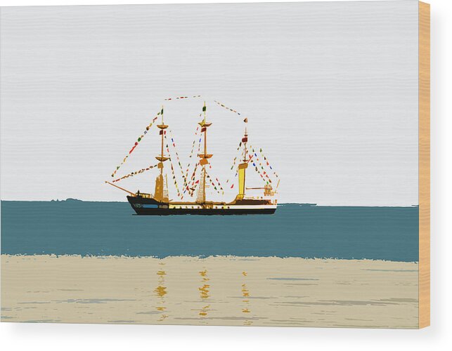 Pirate Ship Wood Print featuring the painting Pirate ship on the horizon by David Lee Thompson