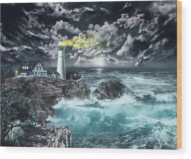 Lighthouse Wood Print featuring the painting Portland Head Light by Bekim M