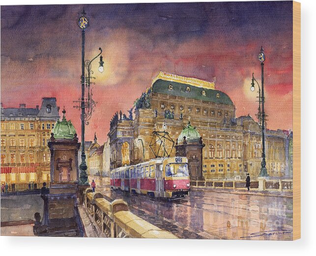 Bridge Wood Print featuring the painting Prague Night Tram National Theatre by Yuriy Shevchuk