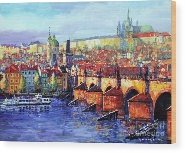 Acrilic Wood Print featuring the painting Prague Panorama Charles Bridge 07 by Yuriy Shevchuk