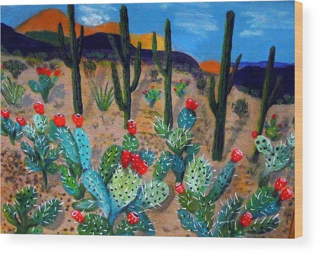 Tucson Wood Print featuring the painting Prickly pear cactus Tucson by Anne Sands