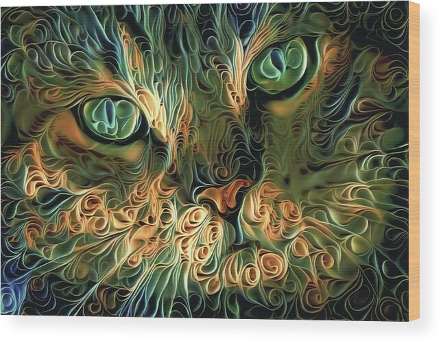 Tabby Cat Wood Print featuring the digital art Psychedelic Tabby Cat Art by Peggy Collins