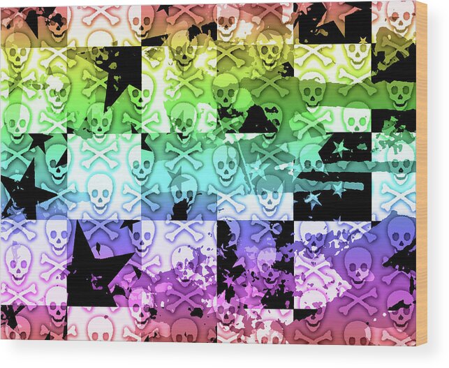 Rainbow Wood Print featuring the digital art Rainbow Checker Skull Splatter by Roseanne Jones