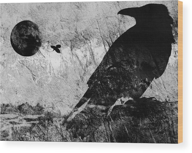 Ravens Wood Print featuring the digital art Raven Watching black and white by Sandra Selle Rodriguez