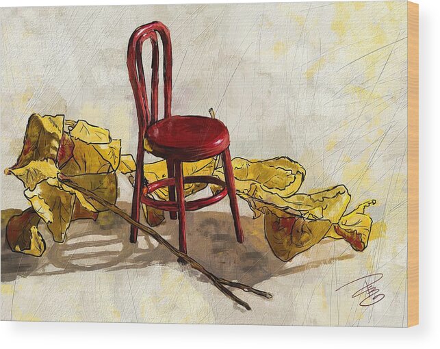 Red Wood Print featuring the digital art Red chair and yellow leaves by Debra Baldwin