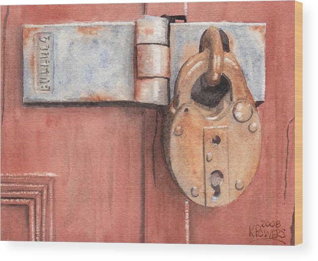 Lock Wood Print featuring the painting Red Door and Old Lock by Ken Powers