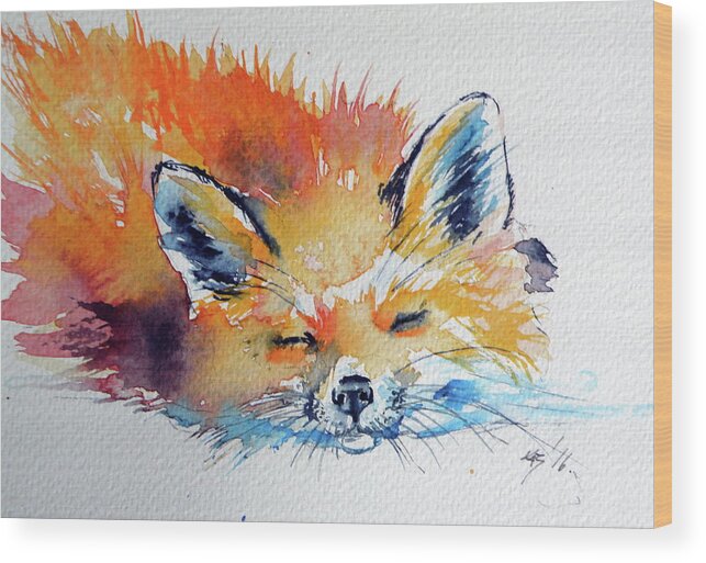 Red Fox Wood Print featuring the painting Red fox sleeping by Kovacs Anna Brigitta