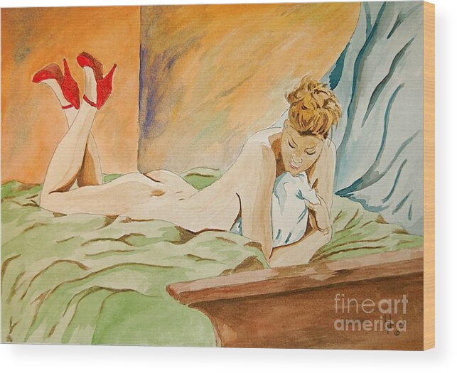 Nude Wood Print featuring the painting Red Shoes by Herschel Fall