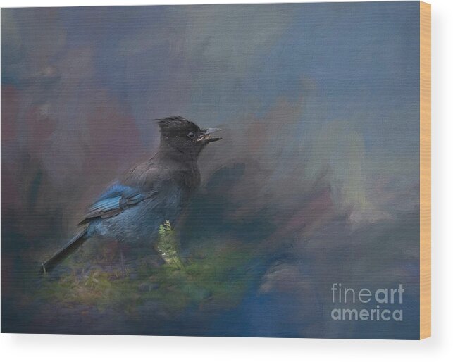 Steller's Jay Wood Print featuring the painting Rhapsody In Blue by Eva Lechner