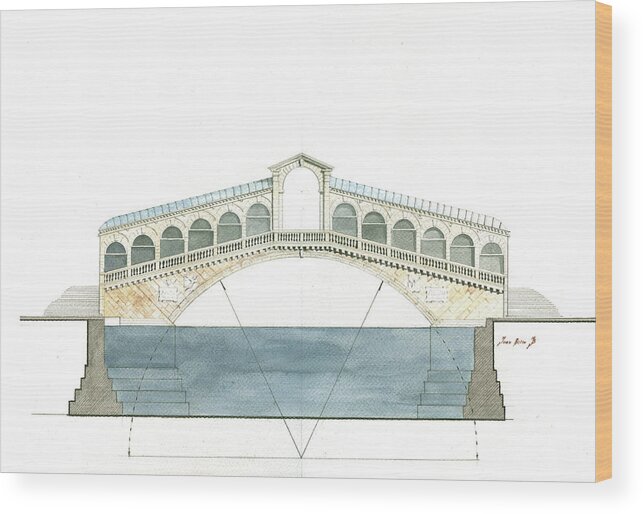  Architecture Artwork Wood Print featuring the painting Rialto bridge venice by Juan Bosco