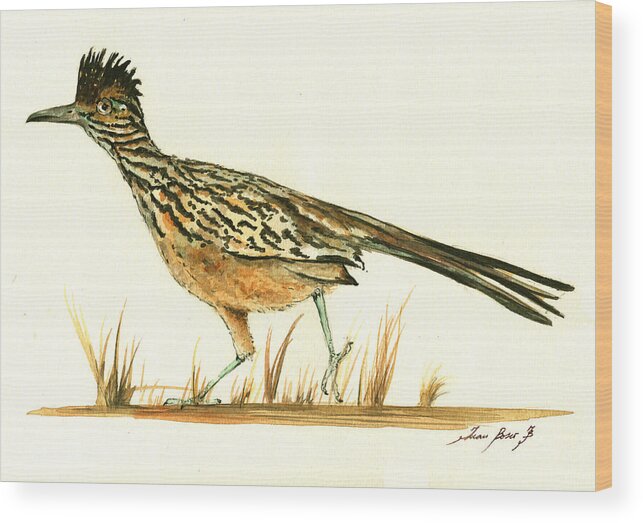 Roadrunner Wood Print featuring the painting Roadrunner bird by Juan Bosco