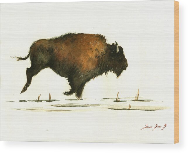 American Buffalo Wood Print featuring the painting Running buffalo by Juan Bosco