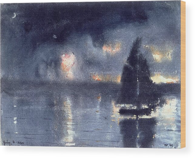 Winslow Homer Wood Print featuring the drawing Sailboat and Fourth of July Fireworks by Winslow Homer
