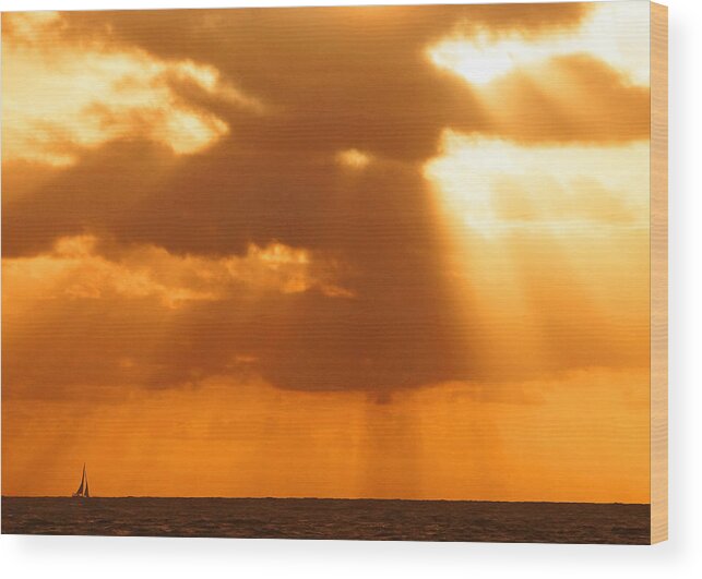 Sunrise Wood Print featuring the photograph Sailboat Bathed in Hazy Rays by Lawrence S Richardson Jr