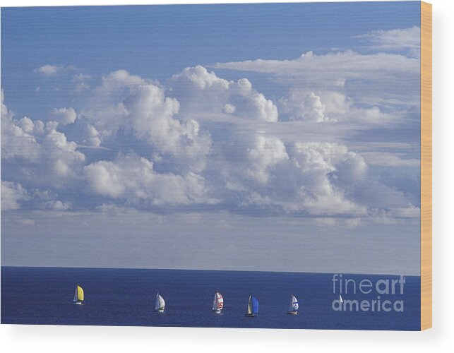 Blue Wood Print featuring the photograph Sailboats In Distance by Mary Van de Ven - Printscapes