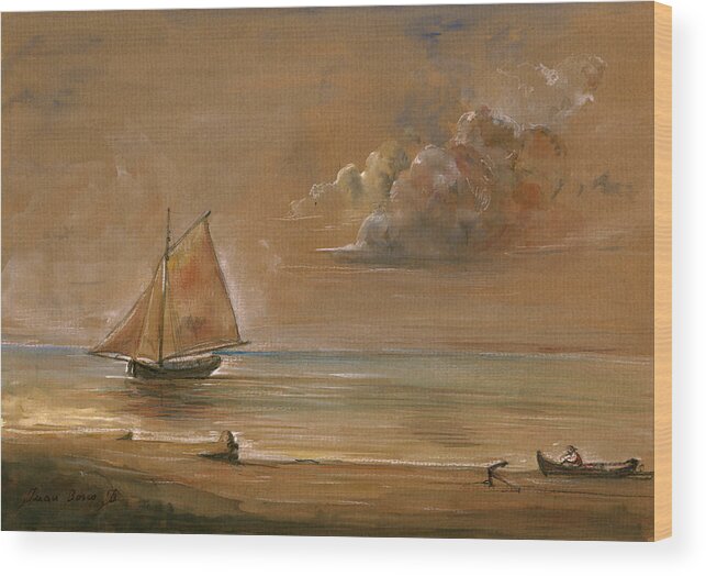 Arctic Seascape Wood Print featuring the painting Sailing ship at sunset by Juan Bosco
