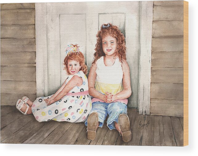 Children Wood Print featuring the painting Sayler and Tayzlee by Sam Sidders