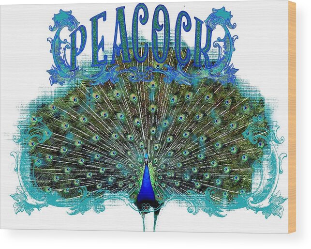 Peacock Wood Print featuring the painting Scroll Swirl Art Deco Nouveau Peacock w Tail Feathers Spread by Audrey Jeanne Roberts
