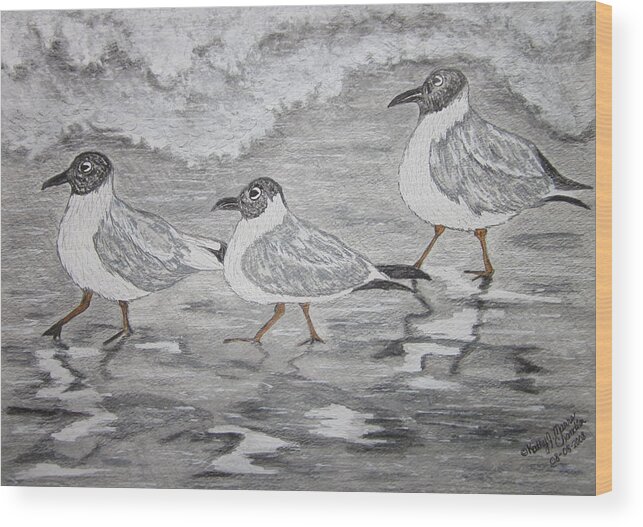 Sea Gulls Wood Print featuring the painting Sea Gulls Dodging the Ocean Waves by Kathy Marrs Chandler