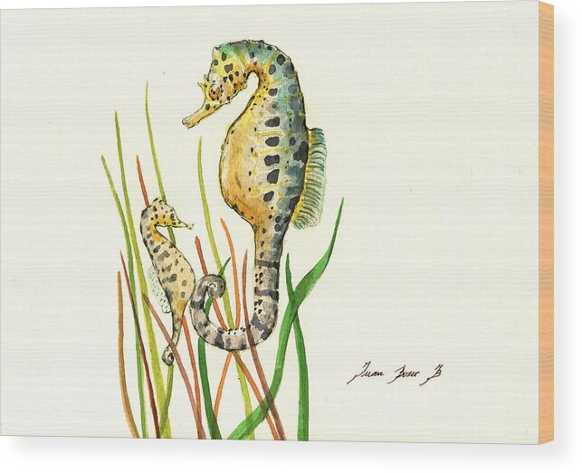 Seahorse Wood Print featuring the painting Seahorse mom and baby by Juan Bosco