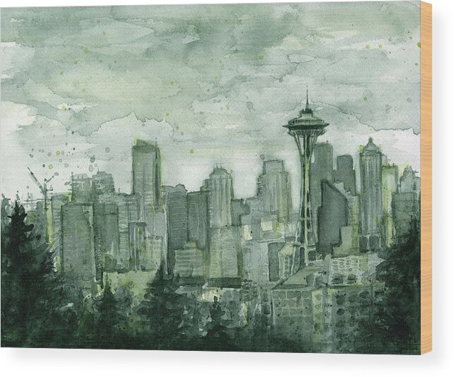 Seattle Wood Print featuring the painting Seattle Skyline Watercolor Space Needle by Olga Shvartsur