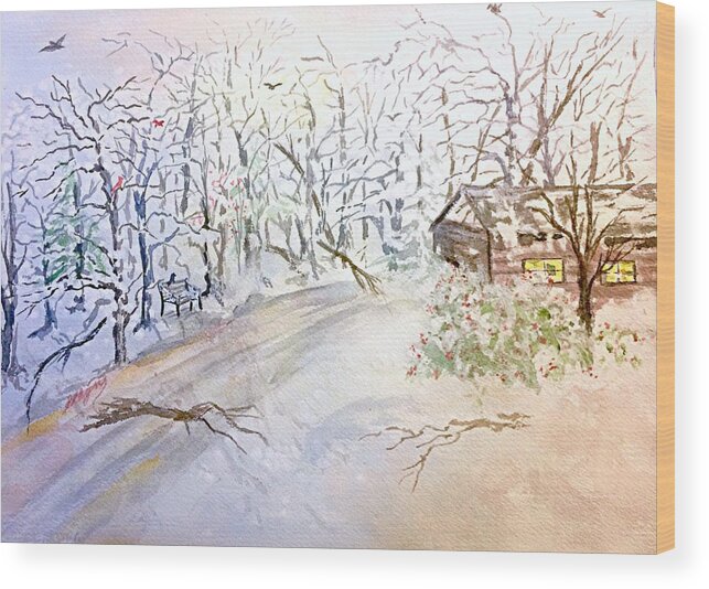 Secluded Cabin Wood Print featuring the painting Secluded Cabin in Winter by Ellen Levinson