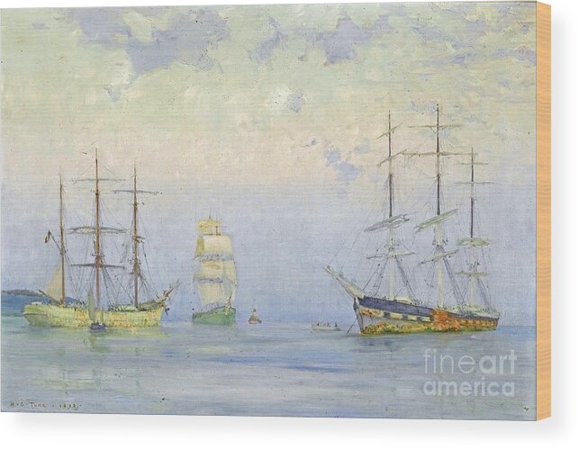 Henry Scott Tuke - Shipping At Anchor Wood Print featuring the painting Shipping at Anchor by MotionAge Designs