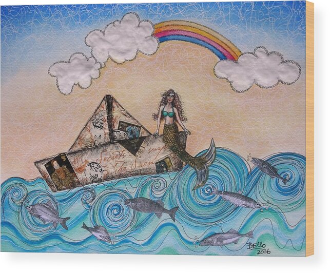 Mixed Media Wood Print featuring the mixed media Siren on a paper boat by Graciela Bello