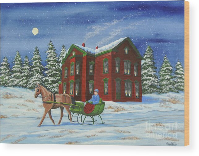 Sleigh Ride Wood Print featuring the painting Sleigh Ride With A Full Moon by Charlotte Blanchard