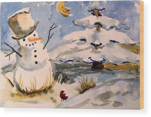 Frosty Wood Print featuring the painting Snowman Hug by Mindy Newman