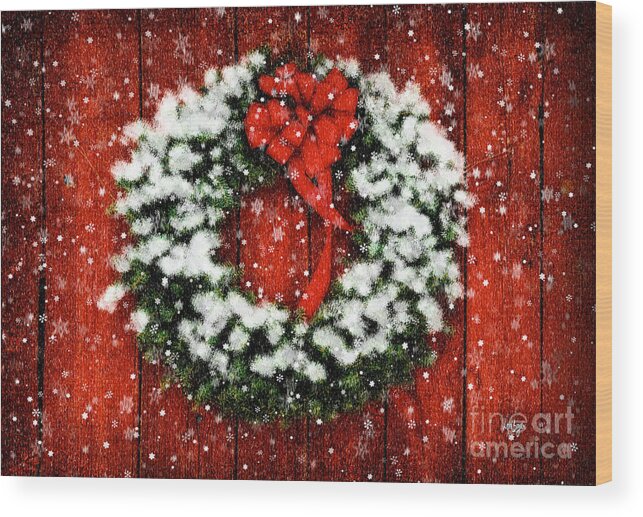 Christmas Wood Print featuring the photograph Snowy Christmas Wreath by Lois Bryan