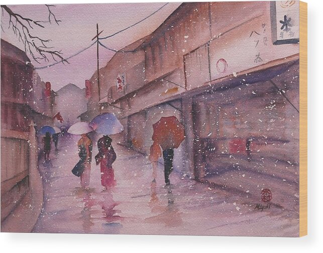 Kyoto Wood Print featuring the painting Snowy Kyoto Day by Kelly Miyuki Kimura