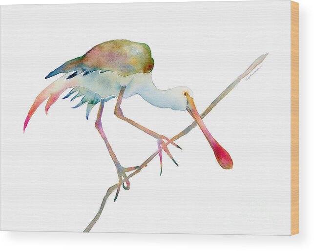 Watercolor Wood Print featuring the painting Spoonbill by Amy Kirkpatrick