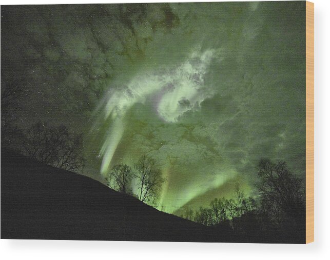 Sky Wood Print featuring the photograph Stars, Clouds and Northern Lights by Pekka Sammallahti