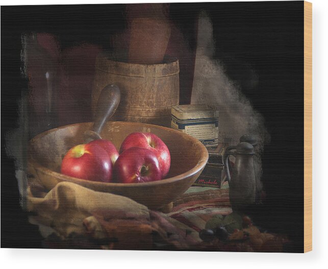Still Life With Apples Wood Print featuring the photograph Still Life with Apples, Antique Bowl, Barrel and Shakers. by Michele A Loftus