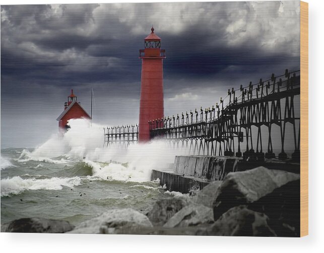 Art Wood Print featuring the photograph Storm at the Grand Haven Lighthouse by Randall Nyhof