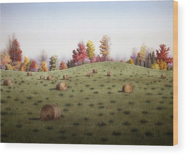 Farm Wood Print featuring the painting Straw-Bales in October by Conrad Mieschke