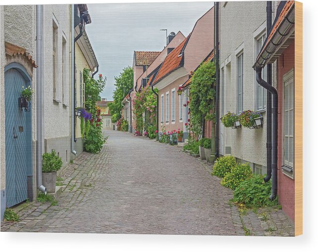 Street Wood Print featuring the photograph Street with old houses in a Swedish town Visby by GoodMood Art