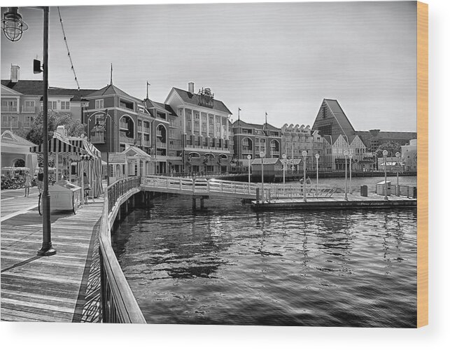 Black And White Wood Print featuring the photograph Strolling on the boardwalk in Black and White Walt Disney World MP by Thomas Woolworth
