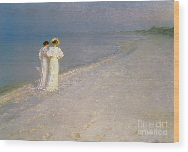 Kroyer Wood Print featuring the painting Summer Evening on the Skagen Southern Beach with Anna Ancher and Marie Kroyer by Peder Severin Kroyer